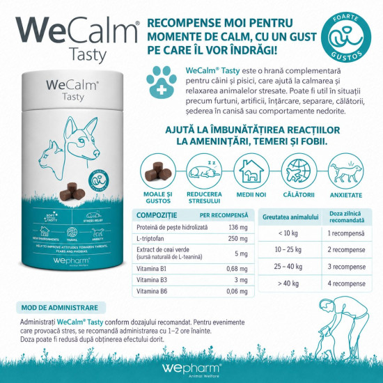 WeCalm Tasty – Supliment Calmant cu Gust Plăcut pentru Câini și Pisici, 30 Comprimate Masticabile – WePharm